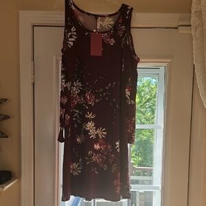 Floral Burgundy Cold Shoulder Long Sleeves Dress With Pockets Medium